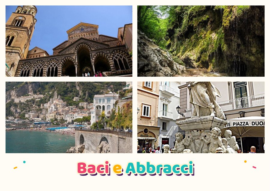 Baci e Abbracci da Amalfi — Il Duomo di Sant'Andrea, Valle delle Ferriere, La costiera vista dal mare e La Fontana di Sant'Andrea