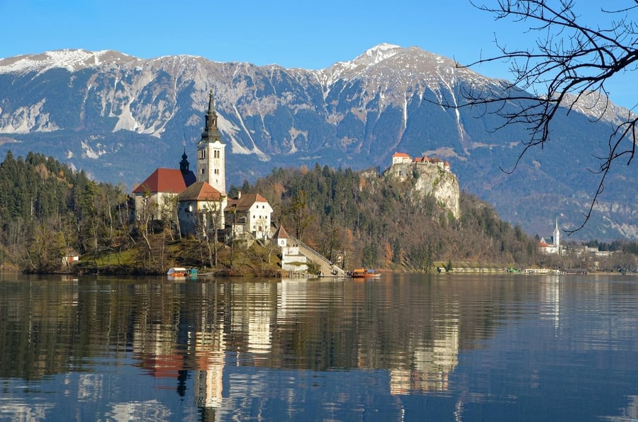 The Julian Alps seen from Bled — The snow-capped peaks framing the lake