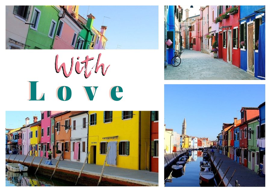 With Love da Burano — Case colorate al tramonto, Una calle di Burano, Il canale delle case colorate e Le facciate sul canale