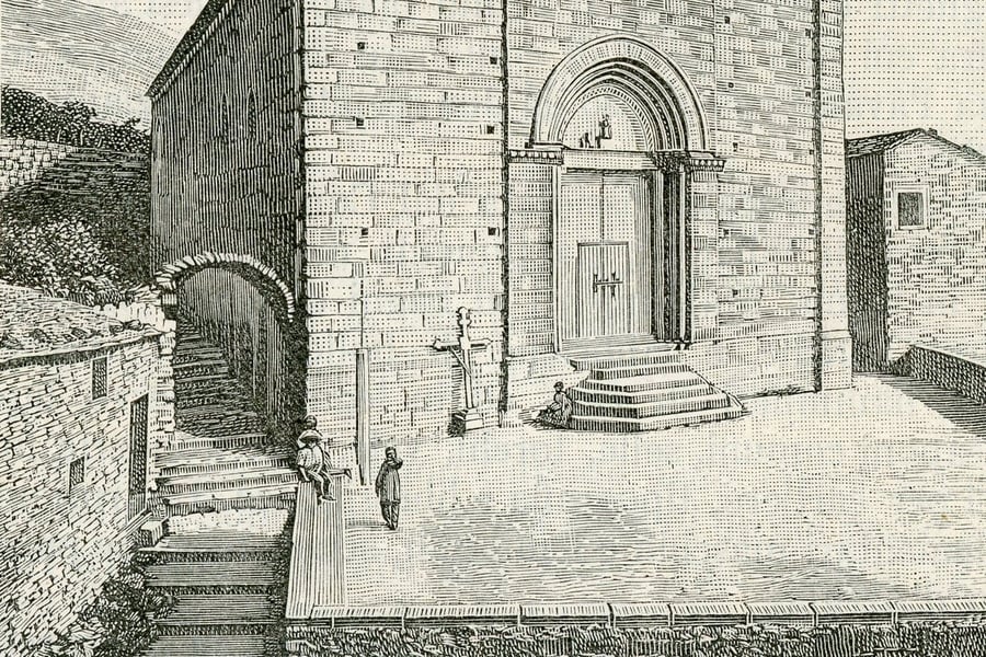 Chiesa di San Pietro — Un'incisione d'epoca della facciata gotico-ligure