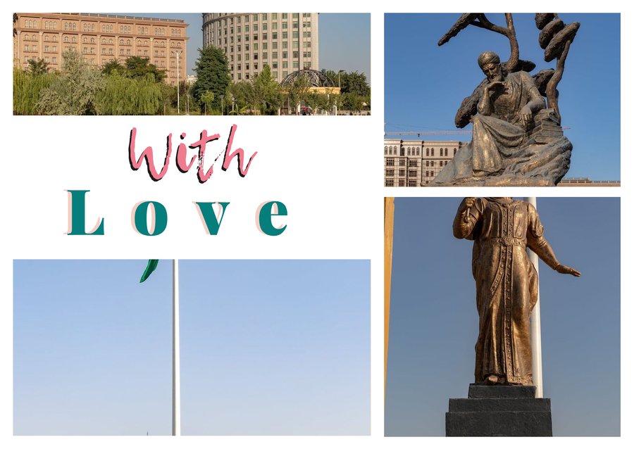 With Love da Dushanbe — Il centro moderno sul laghetto, La statua di Avicenna, Il monumento a Ismoili Somoni e Il pennone della bandiera nazionale