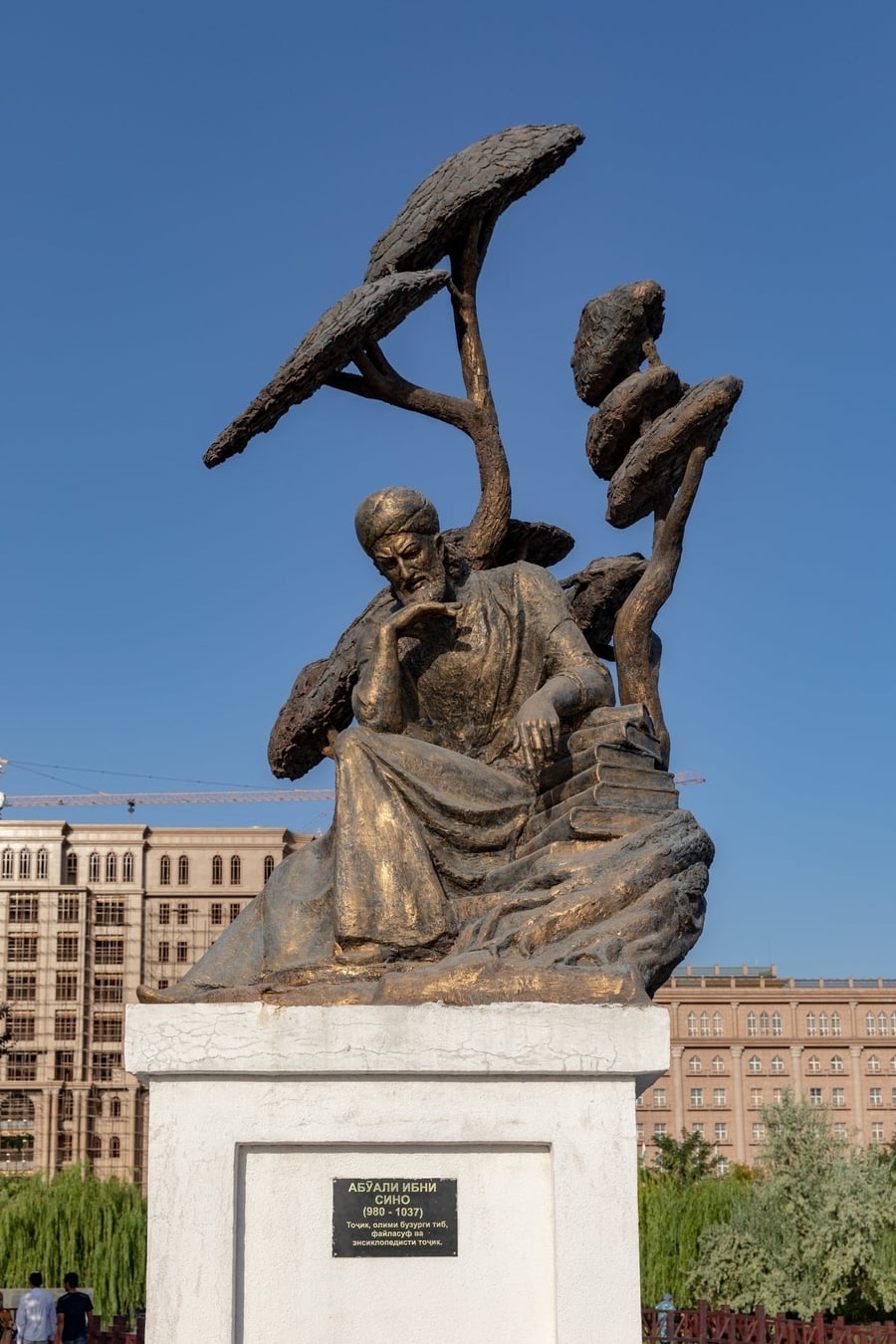 La statua di Avicenna — Il grande medico e filosofo persiano, seduto tra i suoi libri all'ombra di un albero