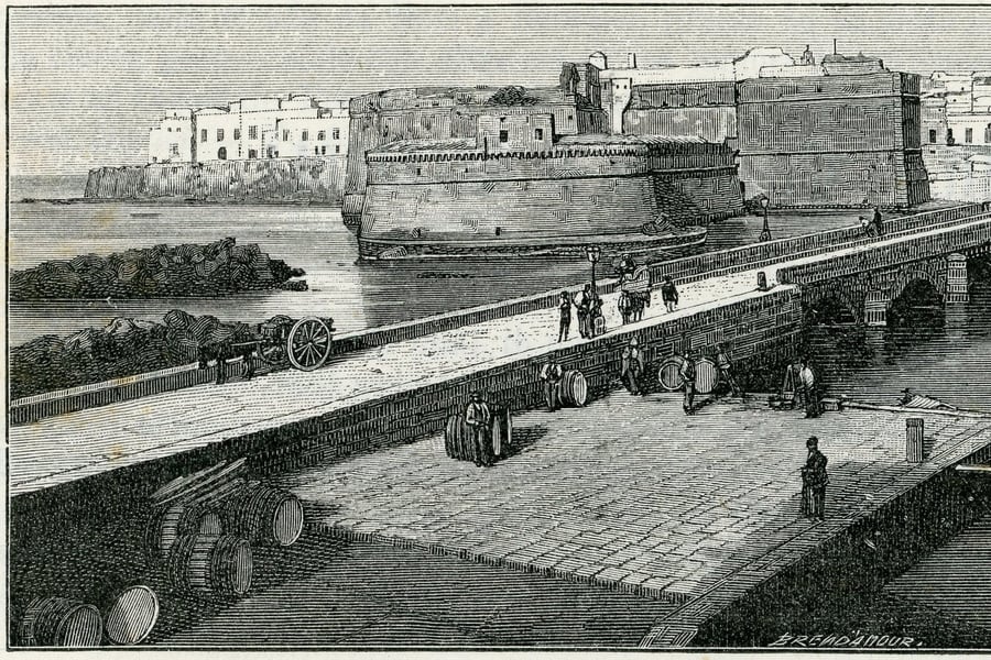 Il castello e il ponte in un'incisione d'epoca — Una xilografia ottocentesca del borgo antico sull'isolotto