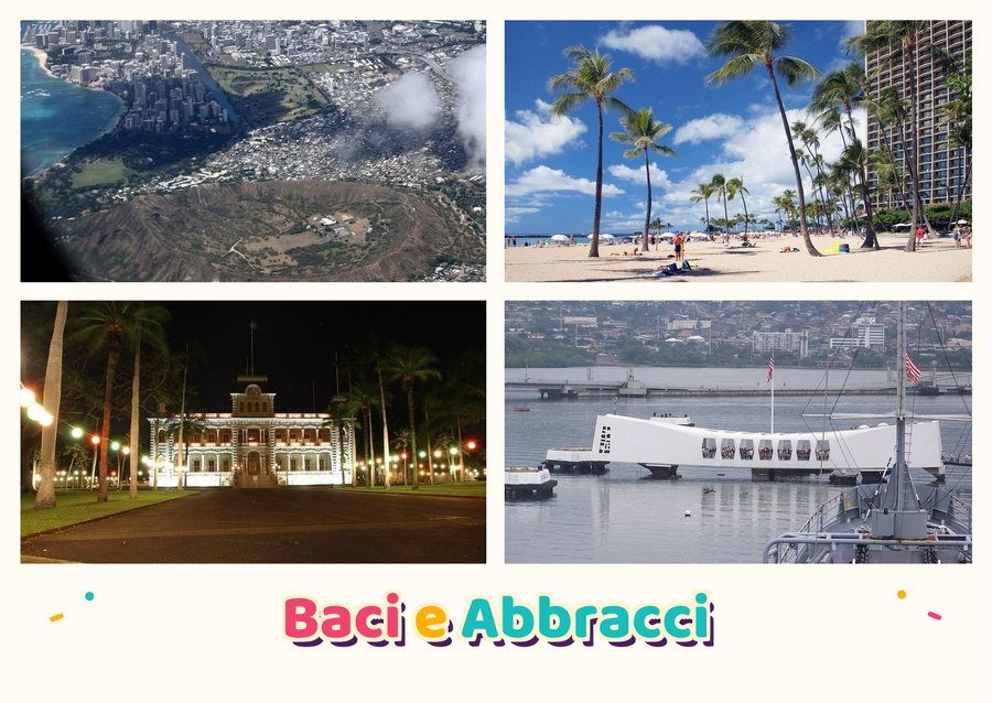 Baci e Abbracci da Honolulu — Il cratere di Diamond Head, La spiaggia di Waikiki, Il Palazzo Iolani e Il Memoriale della USS Arizona