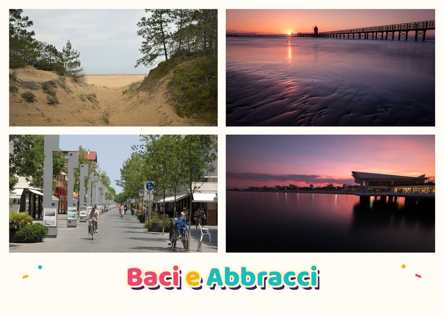 Baci e Abbracci da Lignano Sabbiadoro — La spiaggia dorata, Il vecchio faro, Il viale dello shopping e Terrazza a Mare