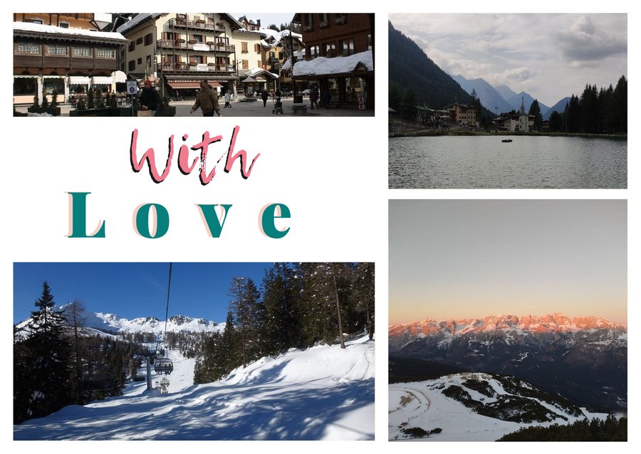 With Love da Madonna di Campiglio — Il centro e il ponte dei fiori, Il laghetto di Campiglio, Le Dolomiti di Brenta e La seggiovia Fortini