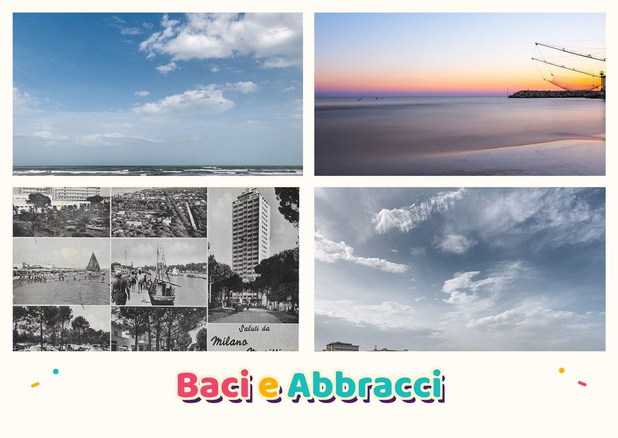 Baci e Abbracci da Milano Marittima — La spiaggia di Milano Marittima, Il bilancione sulla spiaggia, Saluti da Milano Marittima, 1962 e La costa vista dal molo