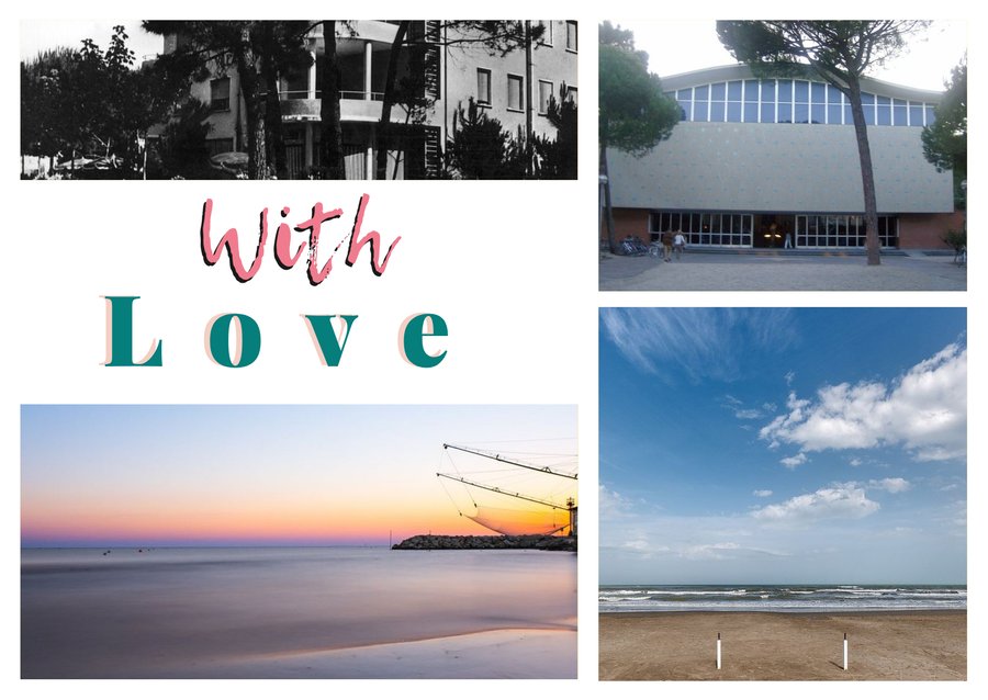 With Love da Milano Marittima — Pensione Villa Pina, 1950, La chiesa di Stella Maris, La spiaggia di Milano Marittima e Il bilancione sulla spiaggia