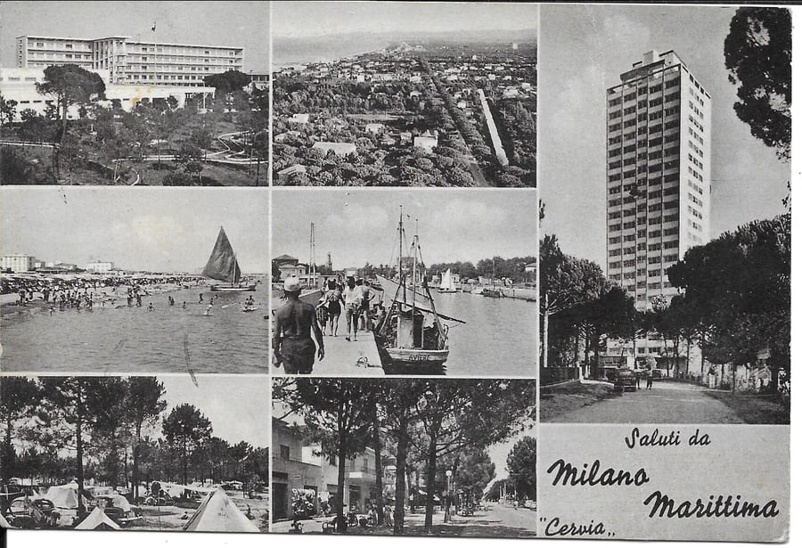 Saluti da Milano Marittima, 1962 — Sette scorci della città in una cartolina d'epoca