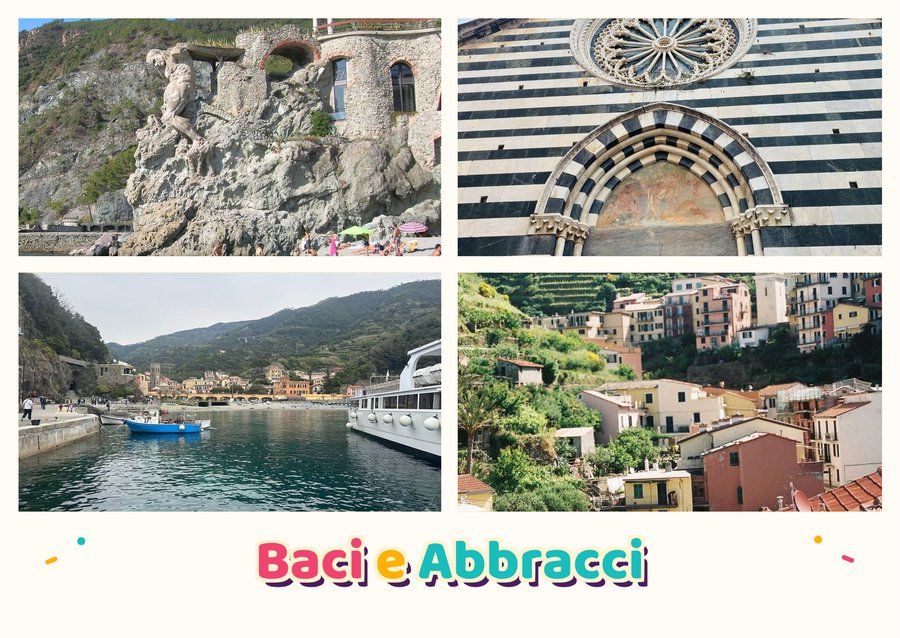 Baci e Abbracci from Monterosso al Mare — The Giant of Monterosso, Church of San Giovanni Battista, The old village's little harbour and The terraces of the Cinque Terre