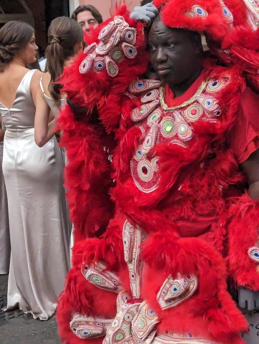 Mardi Gras Indians — Costumi di piume e perline cuciti a mano per un giorno solo