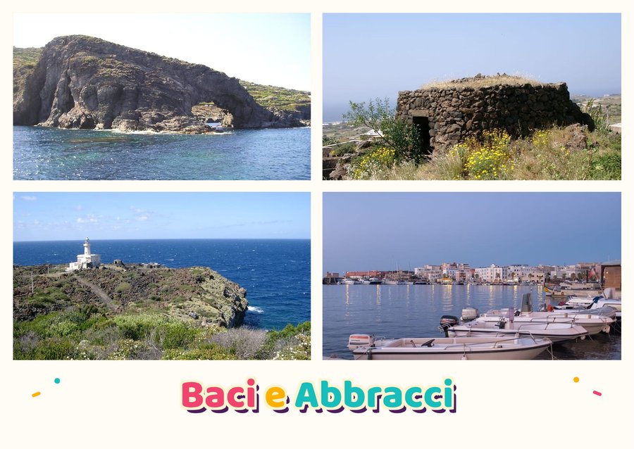 Baci e Abbracci da Pantelleria — L'Arco dell'Elefante, Un dammuso, Il faro di Punta Spadillo e Il porto di sera