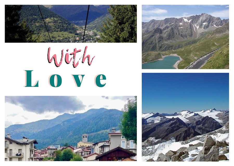 With Love from Ponte di Legno — The town seen from the chairlift, A high-altitude alpine lake, The Adamello Glacier and The stream through the heart of the village