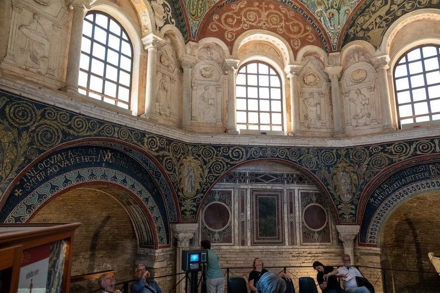 Neonian Baptistery — The baptism of Christ painted in golden tiles above the faithful's heads