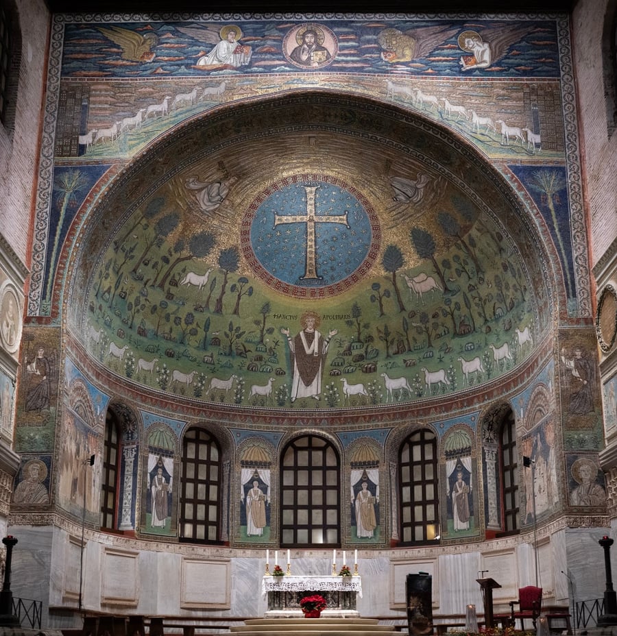 Basilica of Sant'Apollinare in Classe — A shepherd among the clouds watches over a meadow of golden lambs