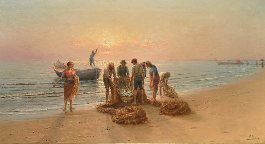 La sciabica — I pescatori tirano la rete sulla spiaggia, in un dipinto di Pasquale Celommi
