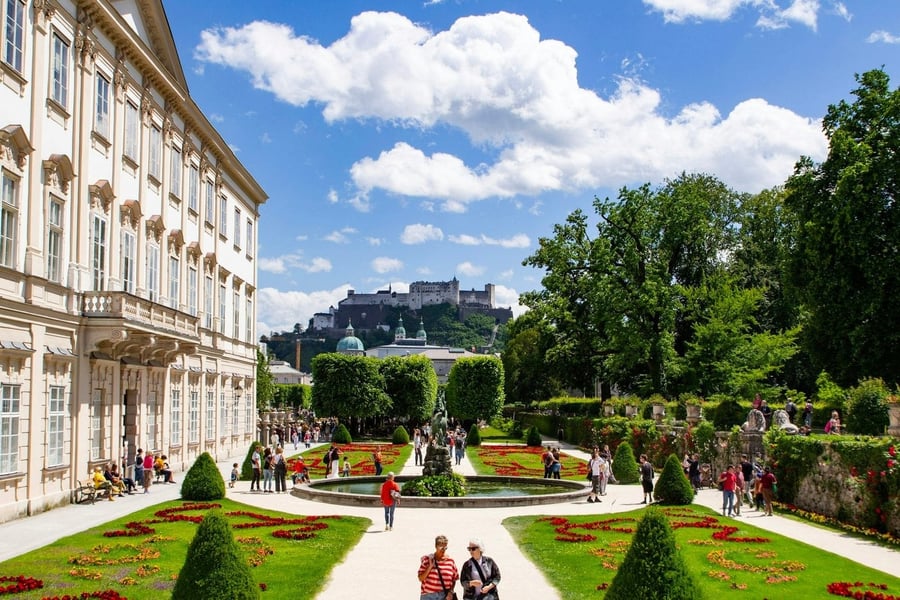 Mirabell Gardens — Baroque flower beds with the fortress in the background
