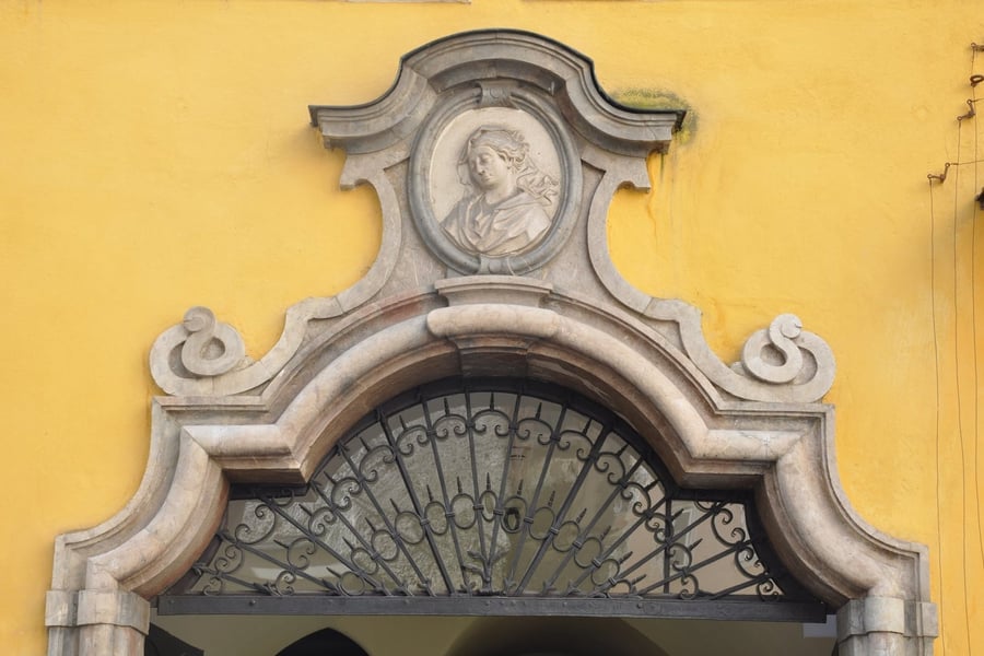 Mozart's Birthplace — The carved baroque portal above the entrance to the house where the composer was born