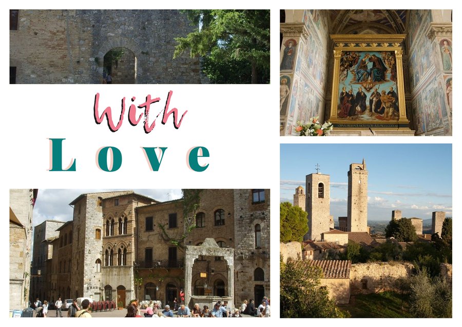 With Love da San Gimignano — Rocca di Montestaffoli, Chiesa di Sant'Agostino, Le torri di San Gimignano e Piazza della Cisterna