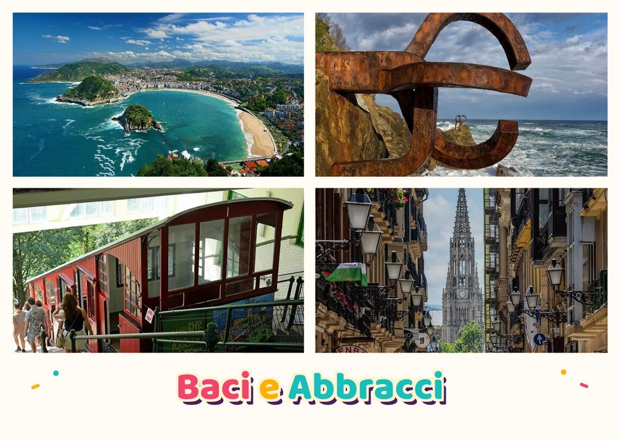 Baci e Abbracci da San Sebastián — La Playa de la Concha, Il Peine del Viento, Il funicolare del Monte Igueldo e La Cattedrale del Buon Pastore