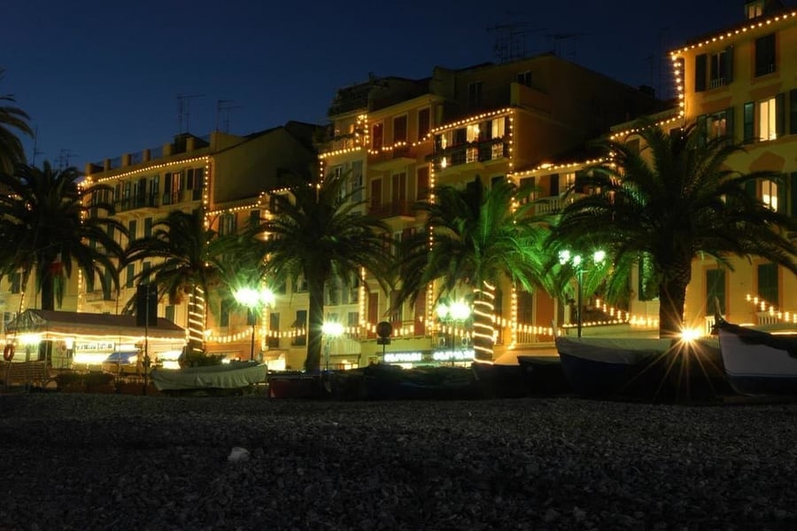 The seafront promenade — Palm trees and lights over the Tigullio sea