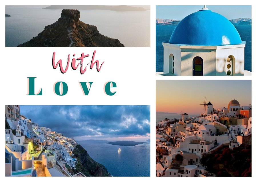With Love da Santorini — Skaros Rock, Le cupole blu di Oia, Tramonto a Oia e Fira