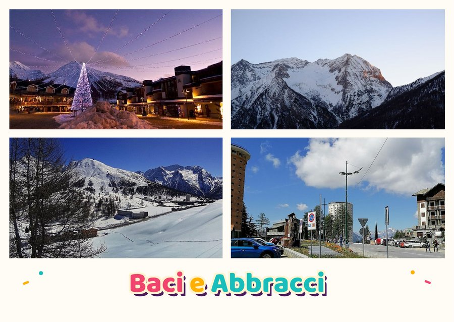 Baci e Abbracci from Sestriere — The village of Sestriere, View from the pass, The slopes of the Via Lattea and Colle del Sestriere