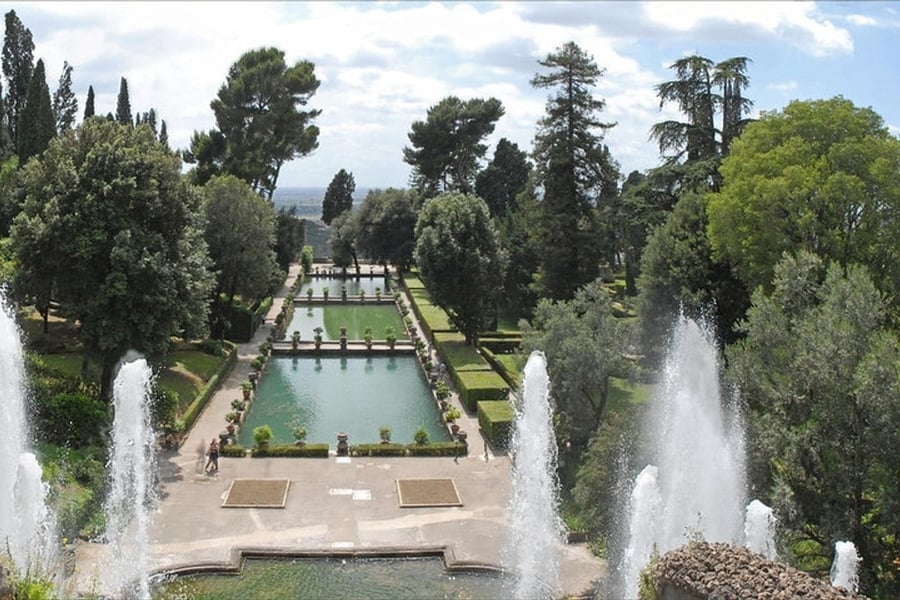 The Fish Ponds — Three rectangular pools lined up among the cypresses