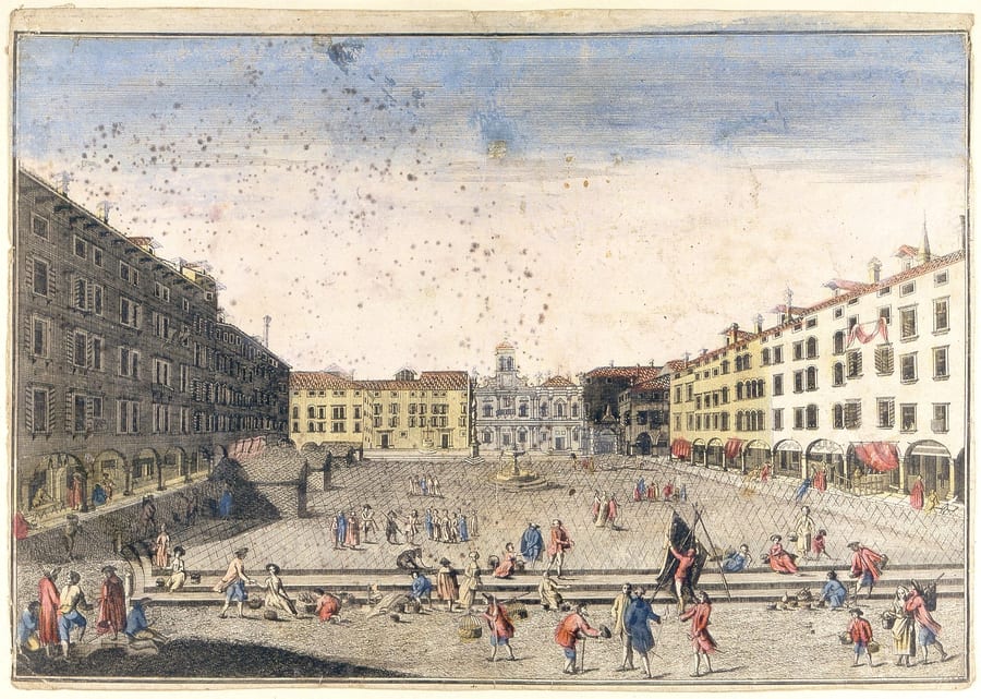 Piazza Matteotti — Un'incisione d'epoca della piazza, con la chiesa di San Giacomo e la sua fontana