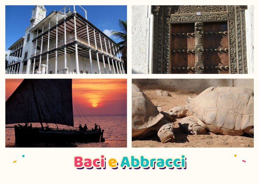 Hugs and Kisses from Zanzibar — House of Wonders, Carved door of Stone Town, Dhow at sunset and Prison Island tortoises